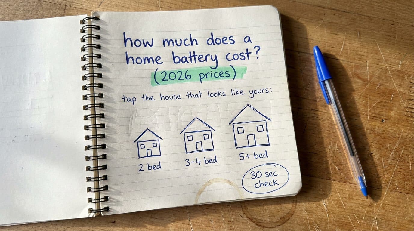 A handwritten notebook page asking how much a home battery costs in 2026, with three hand-drawn houses labelled 2 bed, 3-4 bed and 5+ bed