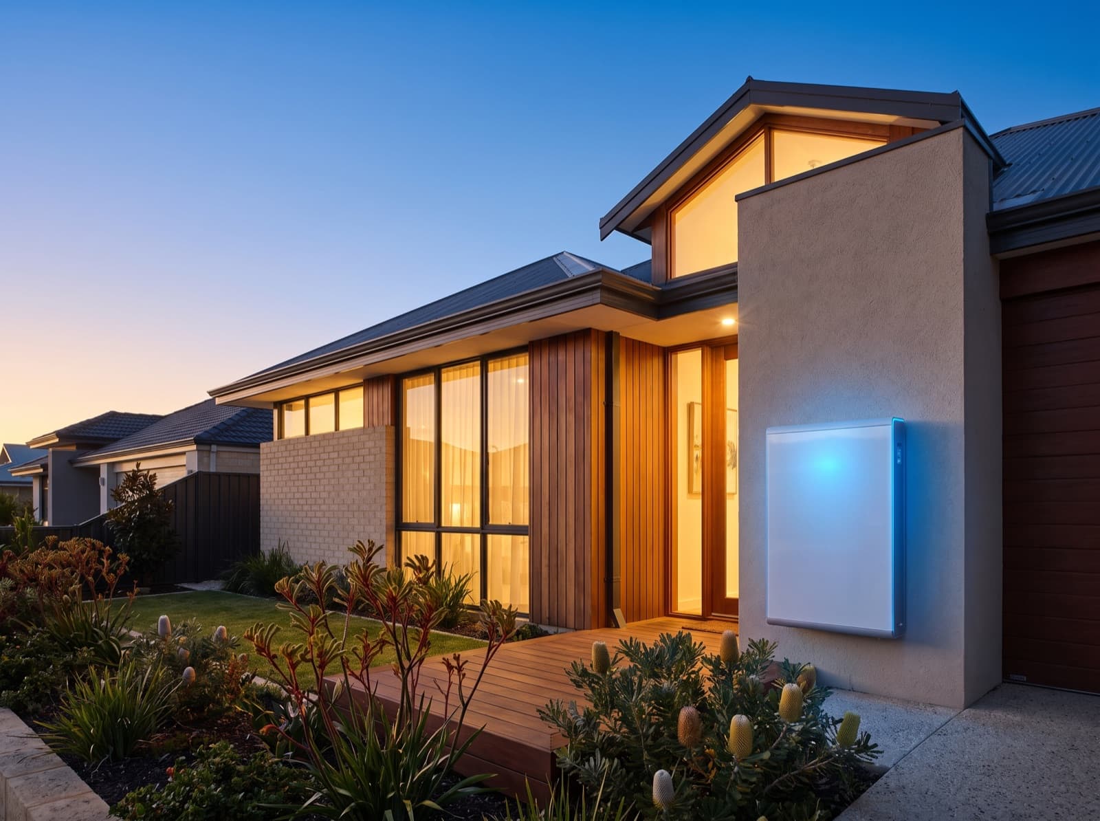 Western Australian home at dusk with a wall-mounted home battery and warm interior lights