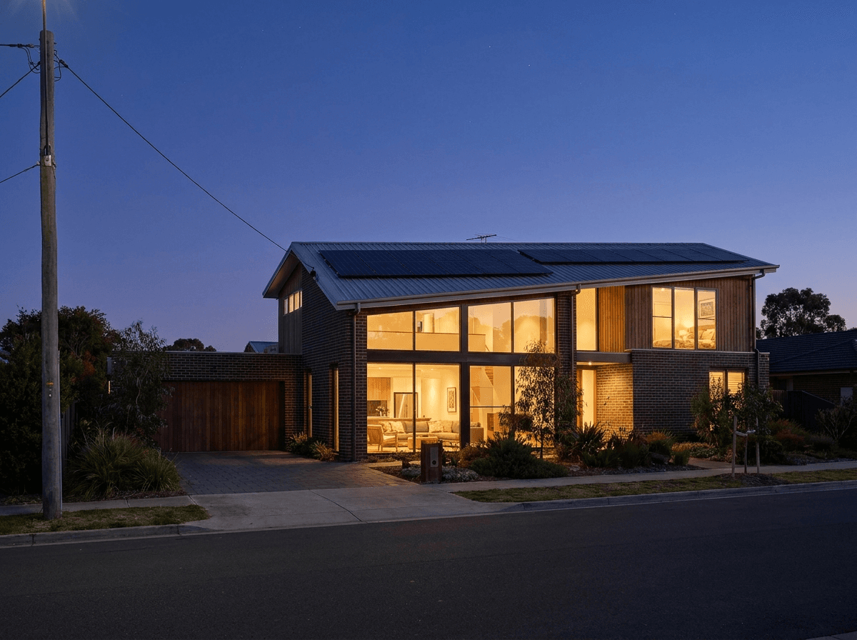 Australian home exporting rooftop solar to the grid at dusk