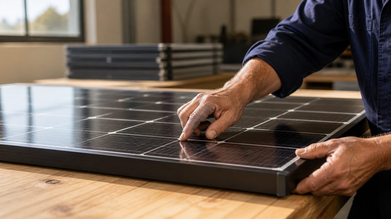 Close-up of an installer's hands inspecting a black monocrystalline solar panel laid flat on a timber workbench, with a stack of panels in the background