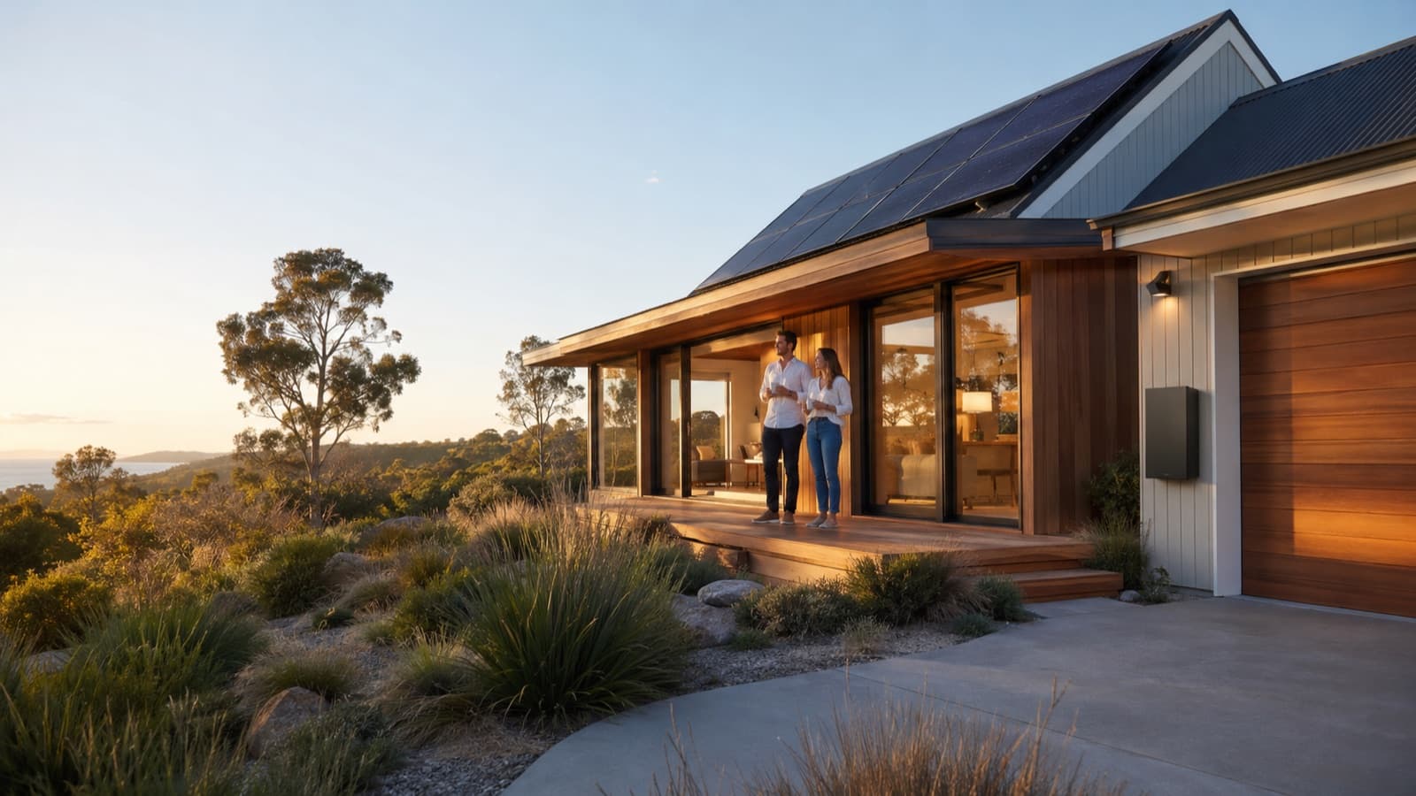 NSW homeowners on the deck of their home at golden hour, with rooftop solar and a wall-mounted battery