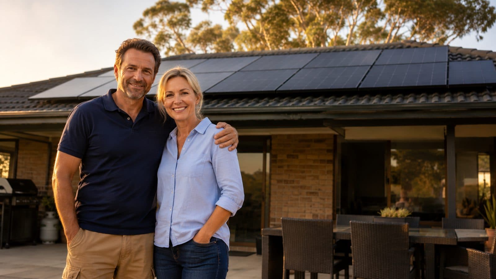 Australian couple in their late forties standing on the back patio of their suburban home with a clean array of black solar panels installed on the roof behind them, late-afternoon golden light