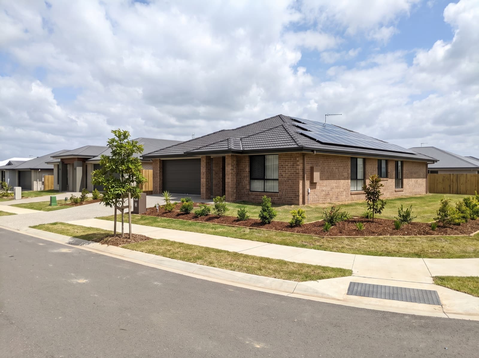 New brick family home with rooftop solar in a Caboolture estate, Moreton Bay Queensland