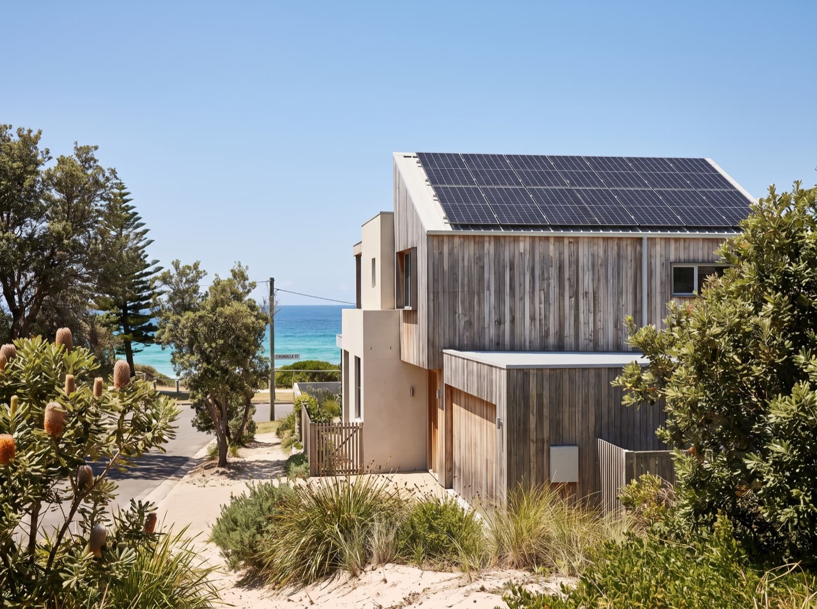 Beachside home with rooftop solar near the ocean in Cronulla, southern Sydney