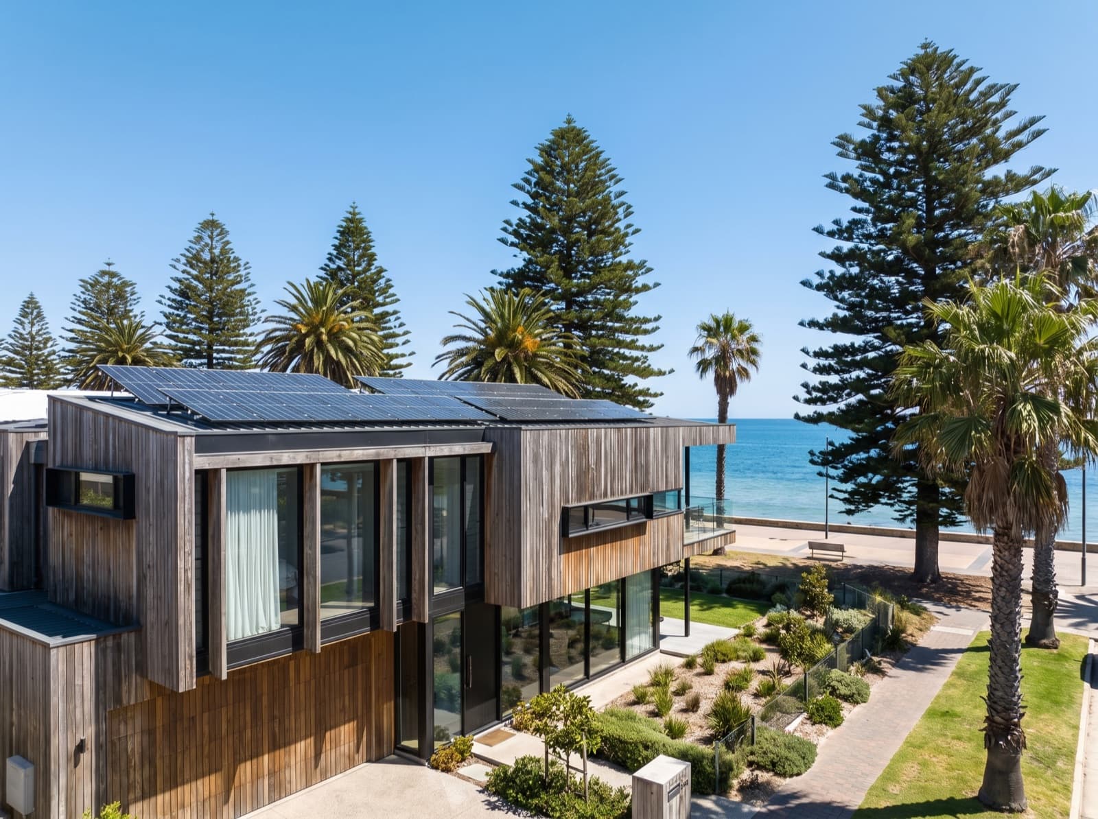 Beachside home with rooftop solar near the sea in Glenelg, coastal Adelaide