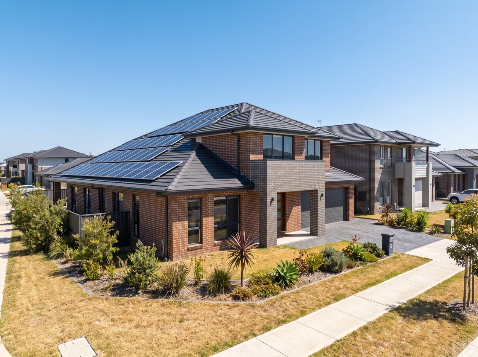 Modern brick family home with rooftop solar in a south-west Sydney suburb, hot summer day