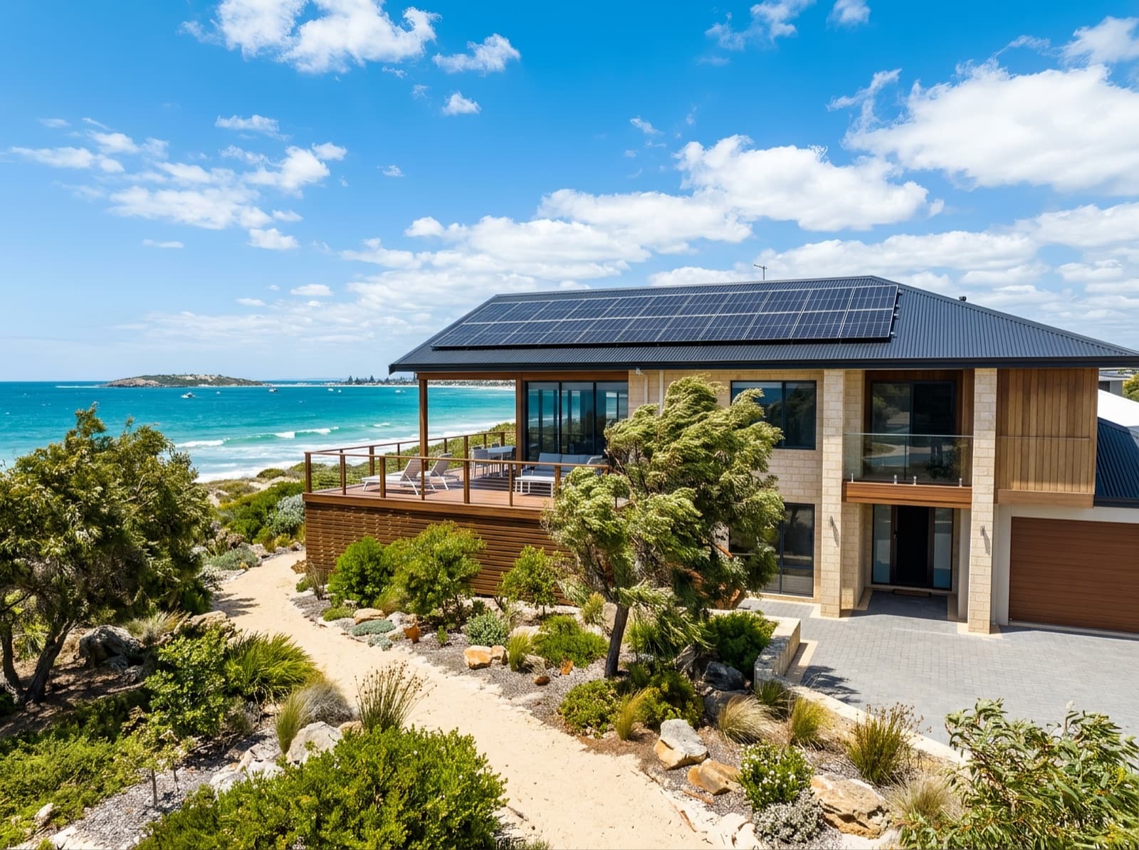 Coastal home with rooftop solar under strong sun and sea breeze in Rockingham, WA