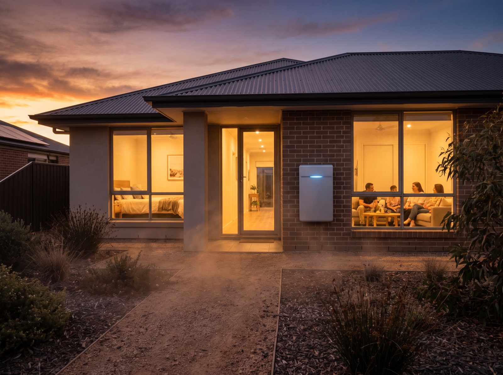 South Australian home at dusk with a wall-mounted home battery and warm interior lights
