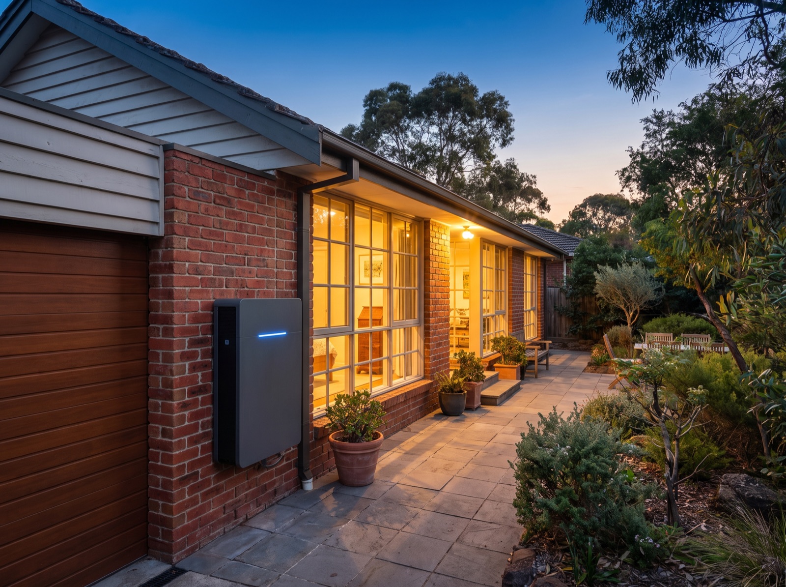 Victorian home at dusk with a wall-mounted home battery and warm interior lights