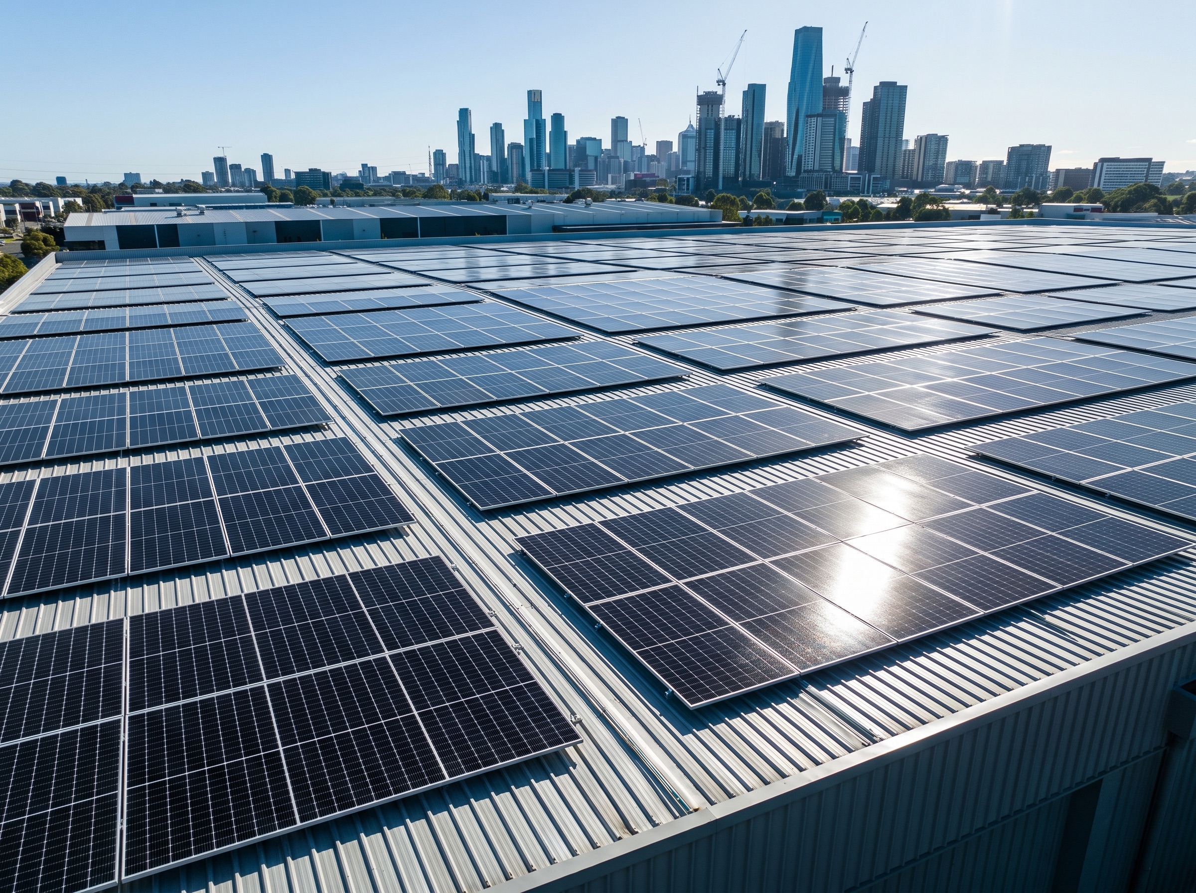 Large commercial rooftop solar array on an Australian business premises