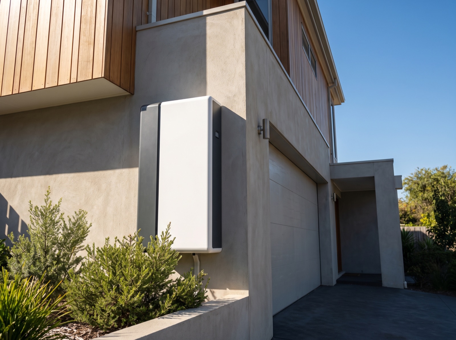 Modern home battery mounted on the wall of an Australian home